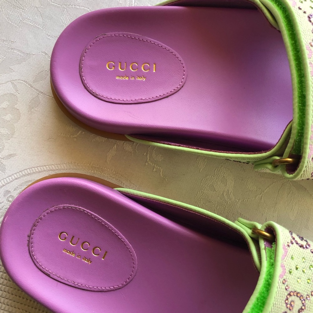 Gucci Crystal Canvas Purple/Lime GG Slides Sandals Women’s Size 39+ US-9 Shoes - Picture 3 of 14